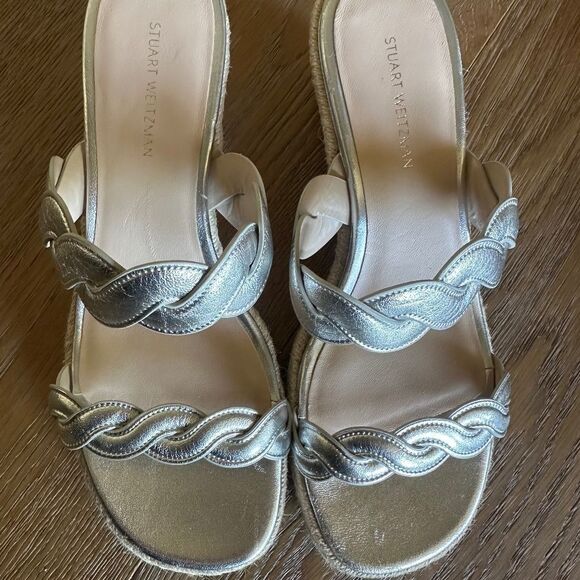 Stuart Weitzman Twisted Espadrille Slide Sandals In Platino - Picture 4 of 14